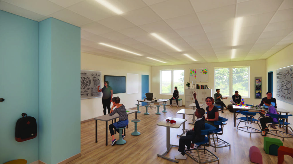 An interior rendering of one of the school’s classrooms.